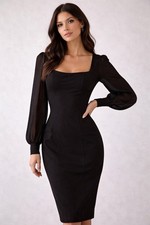 Bebé Black Midi Dress Balloon Sleeve Size 6 Women's