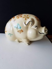 Piggy Bank Smiling Sitting Handpainted Blue Gold Floral w/ Stopper Great Face