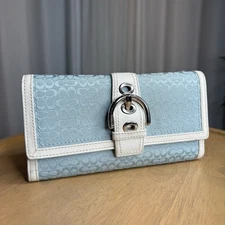 Light Blue and white Coach F45630 SOHO Signature Buckle Slim Envelope Wallet