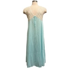 Adonna Nightgown L Lace Nylon Sky Blue Floral Chemise Slip Aqua Pastel Lingerie