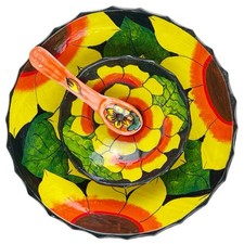 Vintage Talavera Pottery Bowls with Spoon Sunflower Folk Art Footed Mexico 3-pc