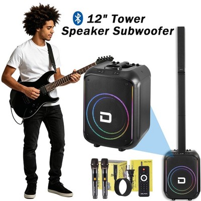 12'' Tower Speaker Subwoofer w/ 3Column Tweeters, 2Mics, Guitar Input, PA System