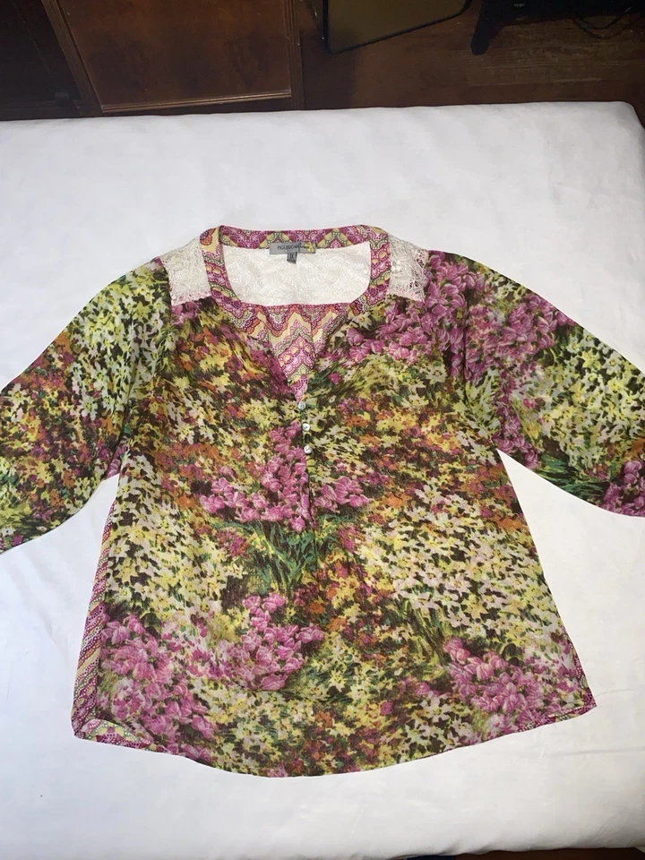 Blusa Figueroa y Flor Transparente 1X Rosas/Verdes/Amarillos Crochet Vibrante Feliz B44 Foto 2 de 4
