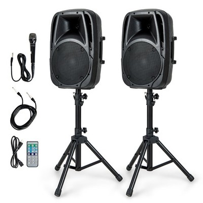 Dual 10'' Protable 1600W Powered Speakers w/   Mic Speaker Stands Control