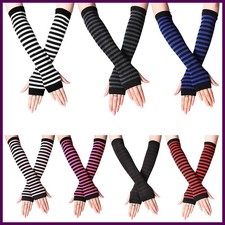 Y2K Fashion Women Girls Striped Elbow Gloves Warmer Knitted Long Fingerless.