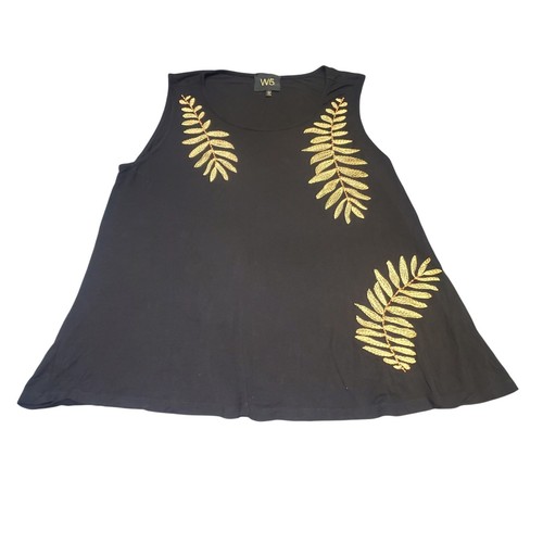 W5 Women's Sleeveless Tank Top Black Gold Metallic Fern Leaf Blouse Size Large