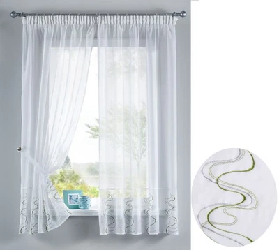 GARDINENBOX Juego de cortinas bordadas WELLE 4 piezas discos túnel verde HxA 150x90 cm