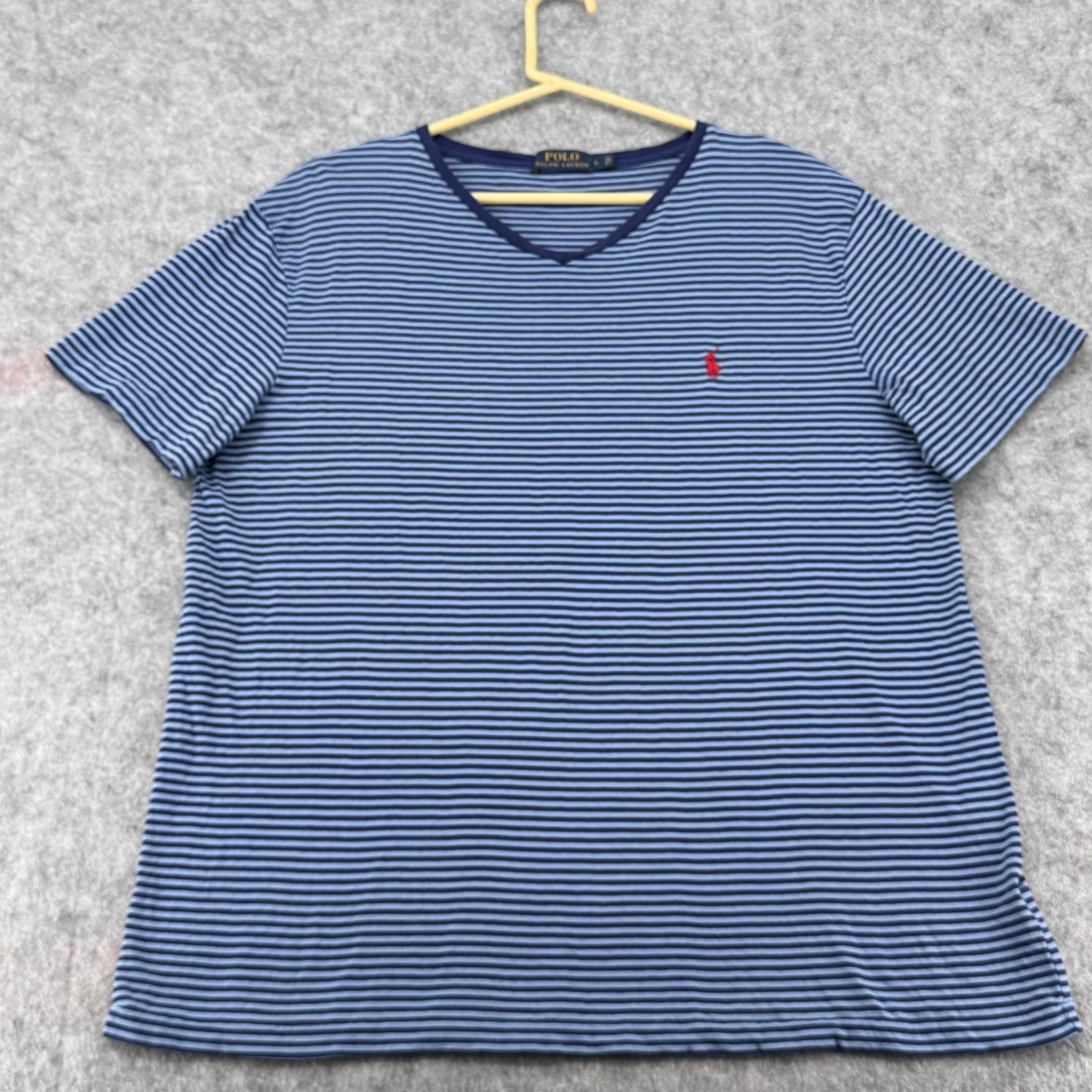 Polo Ralph Lauren Mens V-Neck T-Shirt Blue Striped Cotton Pony Logo Large