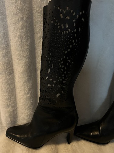 Sexy Bellini Leather 3 1/2 “ Black Laser Cut knee High Boots - Picture 16 of 17