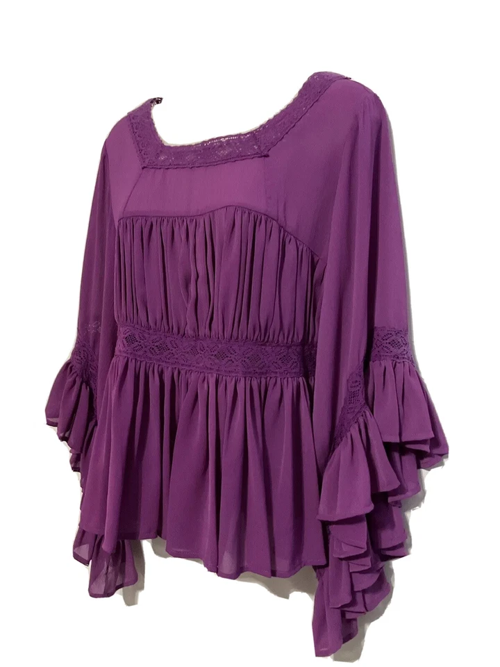 Blusa top marc bouwer ilimitada XS elegante púrpura plisado manga cascada encaje Foto 2 de 4