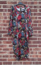Vintage patterned midi dress red blue green brown retro bodycon maxi autumn 6-12
