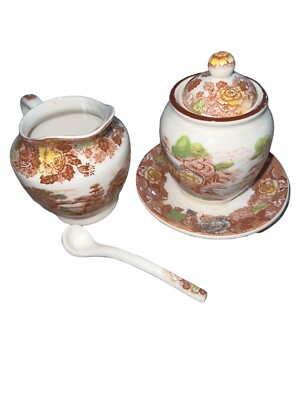 Nasco Japan 1940 s Transferware Mountain Wood-land Creamer, Sugar, Spoon Set