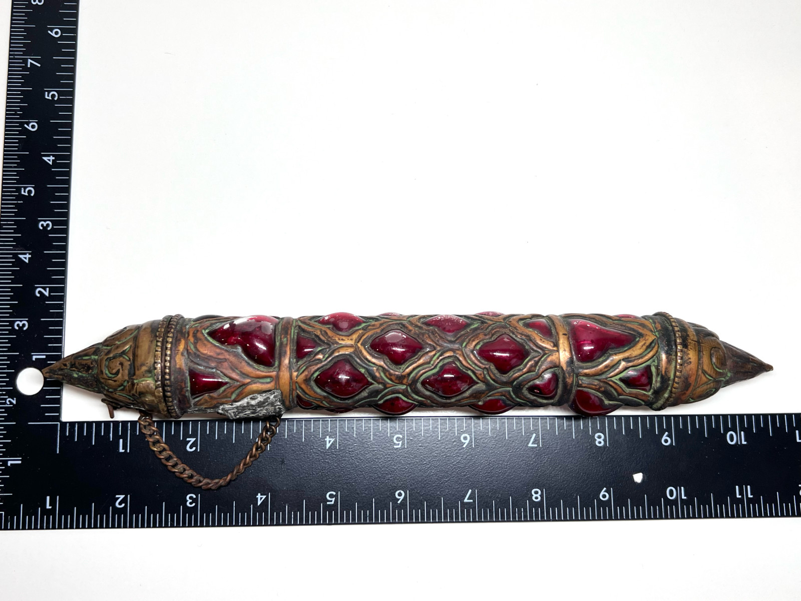 Antique Brass Caged Glass Pillar Bottle with Stopper and Chain