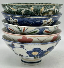 5 Handpainted Rice Bowls Japan, 4 3/4" Diameter, Gold, Vibrant Colors