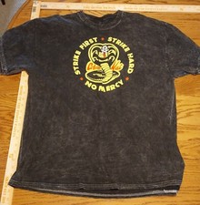 Cobra Kai Men's XL Distressed Strike First Strike Hard No Mercy TShirt Stonewash