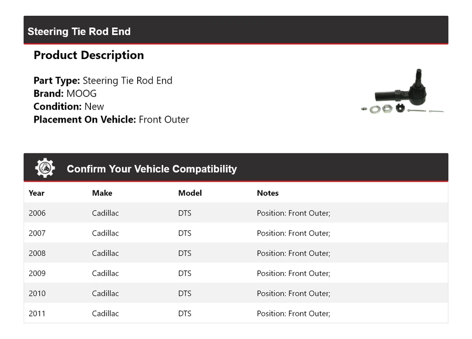 For 2006-2011 Cadillac DTS Steering Tie Rod End Front Outer MOOG 2006 2007 2008 - Image 2 of 4