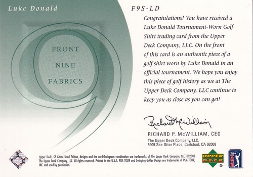 UPPER DECK 2002 SP GAME USED EDITION LUKE DONALD #F9S-LD FRONT 9 FABRIC RELIC - Bild 2 von 2