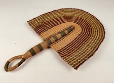 Vintage African Straw Hand Woven Hand Fan 15" x 10" Green, Red, Tan