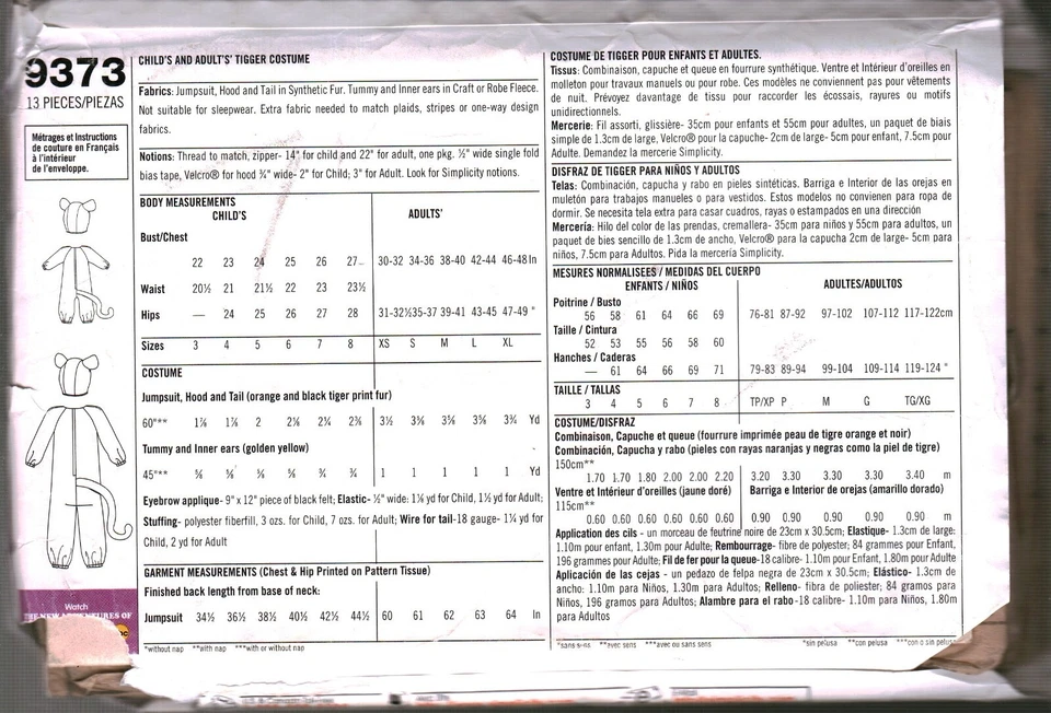 9373 Simplicity SEWING Pattern Halloween Costume Misses Mens Tigger Winnie Pooh - Image 2 of 2