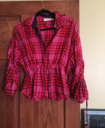 Free People Pacific Dawn Button Up Ruched Long Sleeve Shirt Red/ Pink NWT - Picture 5 of 9
