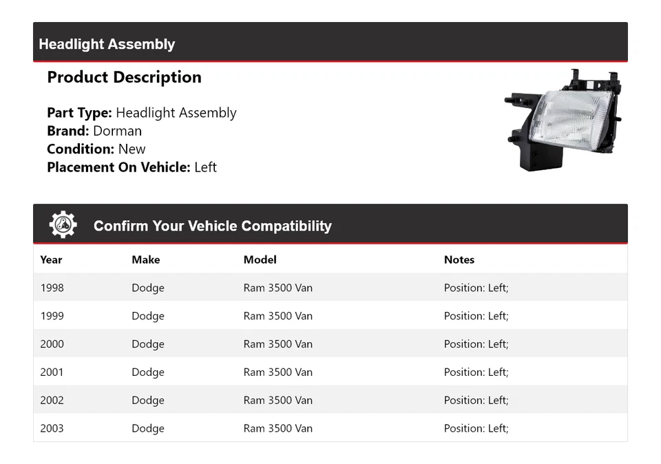 Conjunto de faros izquierdo para Dodge Ram 3500 Van Dorman 1998-2003 1999 2000 2001 Foto 2 de 4