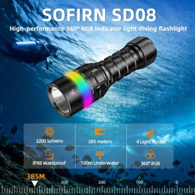 Sofirn SD08 3200lm Diving Flashlight Rechargeable 21700 LED Torch Waterproof RGB
