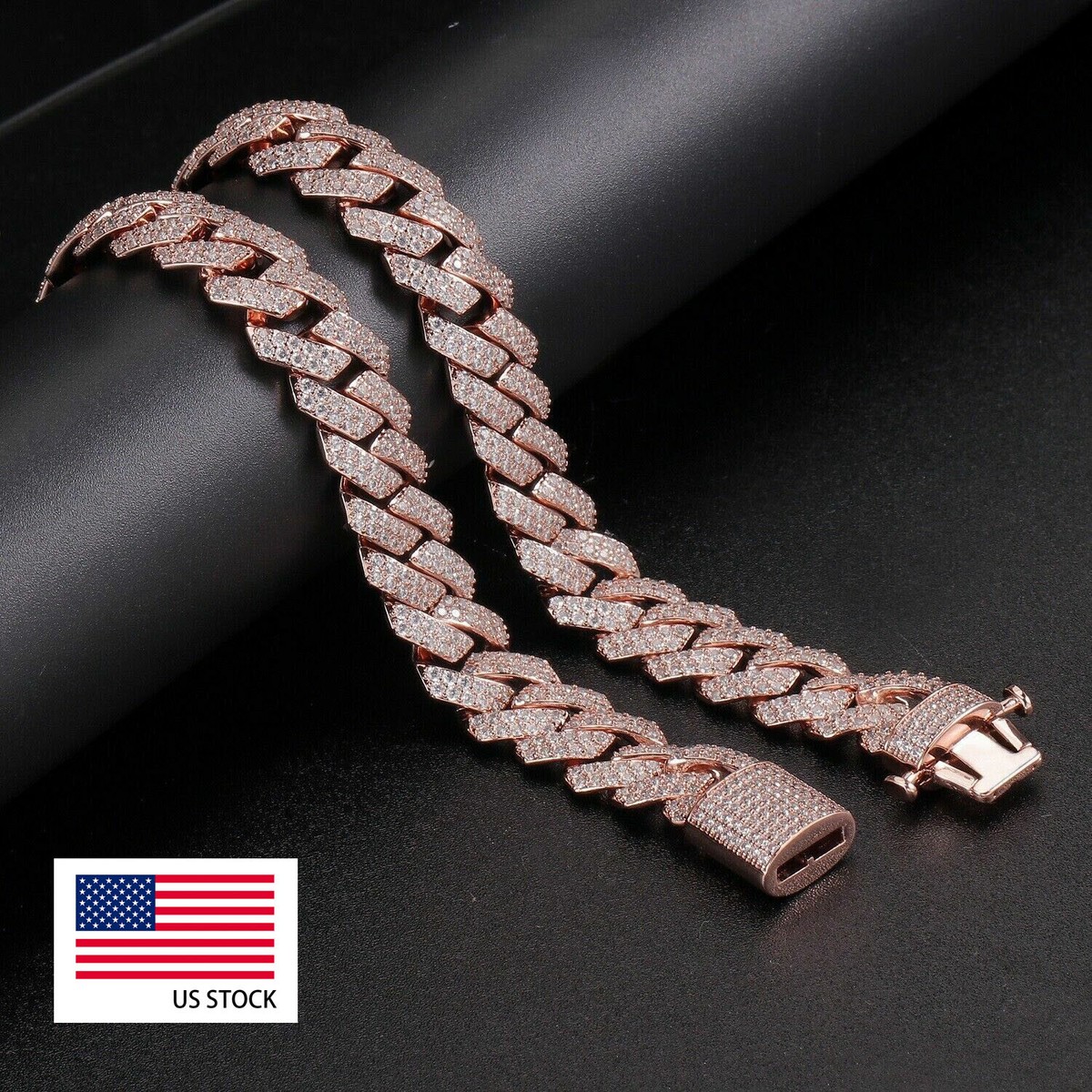 Men's Rose Gold Plated Ice Out Chain Miami Cuban Link Bracelet Hip