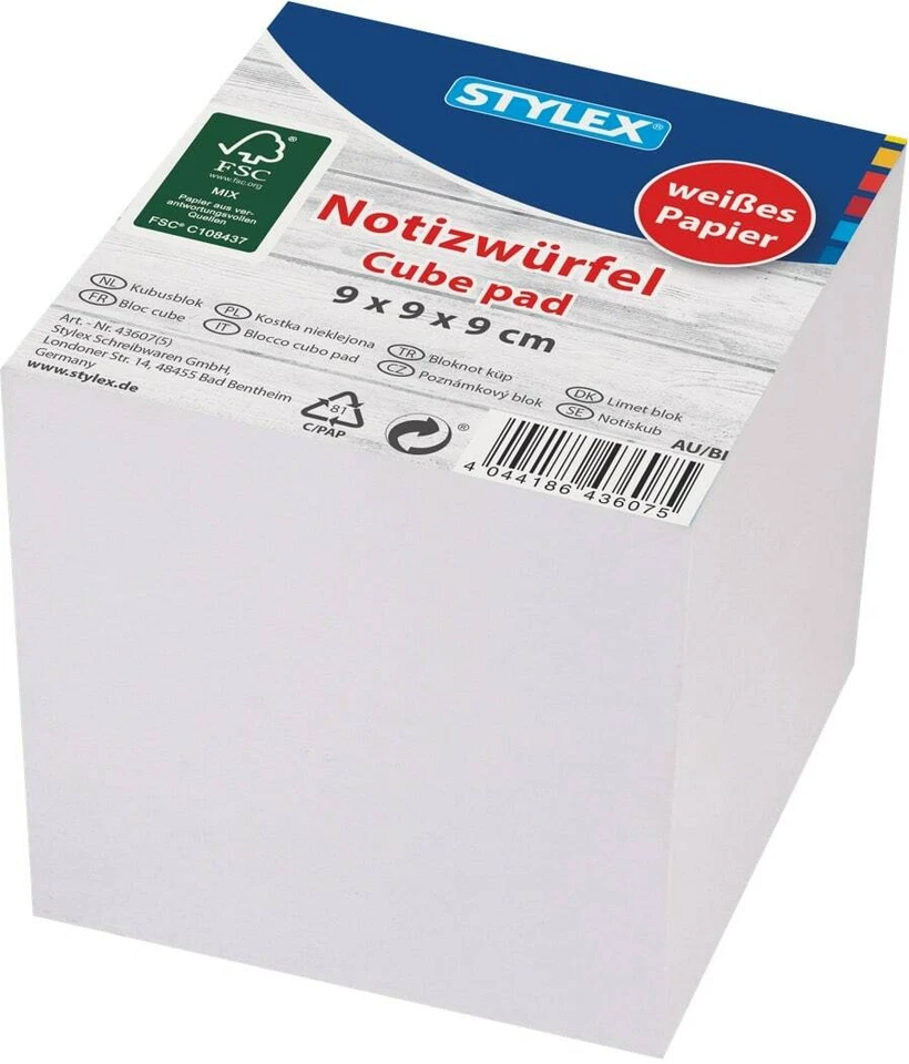 STYLEX Notizwürfel Notizklotz, 9 x 9 x 9 cm ca. 1000 Blatt weißes Papier Zetteklotz