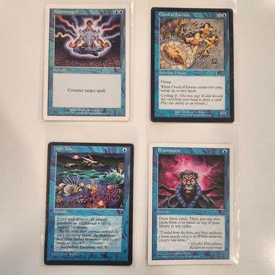 4 MTG cards: Counterspell (7th), Brainstorm, High Tide, Cloud of Faeries NM