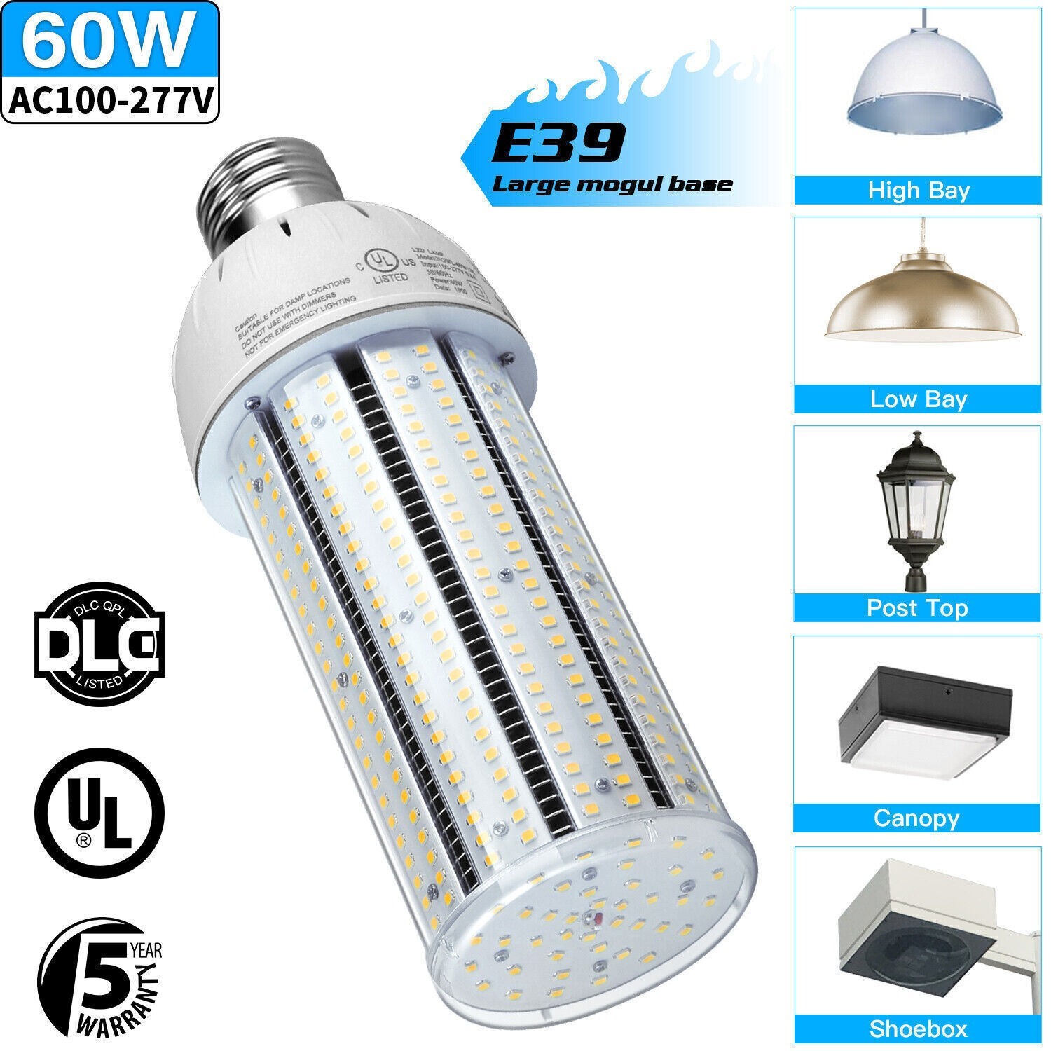 60W LED Corn Light Bulb E39 Mogul Base Warehouse Lamp 5000K AC100-277V Daylight