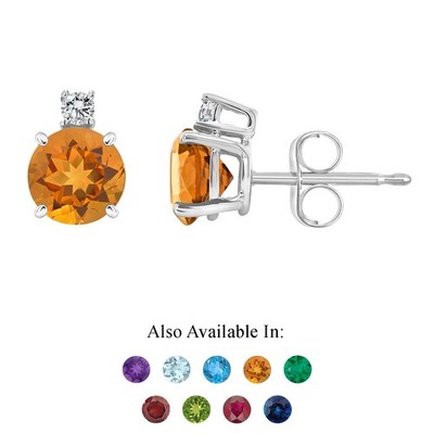 14K Weißgold 5mm Runde Echte Natürliche Citrin Diamant Akzent Ohrstecker