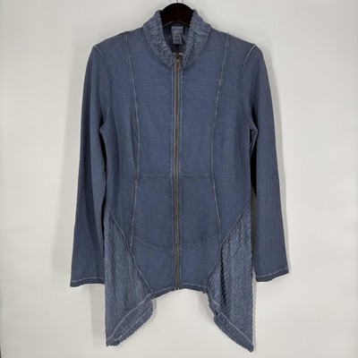 XCVI Mind Set Jacket Womens Large Blue Zip Front Ruffle Collar Asymmetrical