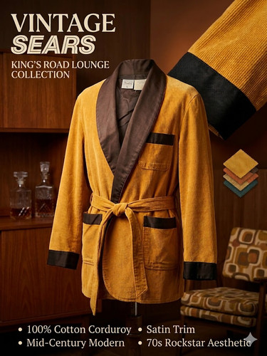 Vtg 70s Mustard Corduroy Smoking Jacket Robe Large Satin Trim Gold