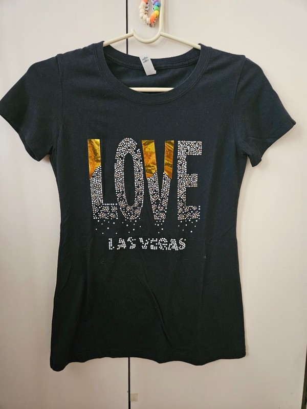 Love Las Vegas Rhinestone Graphic Black Short Sleeve Tee Small for women