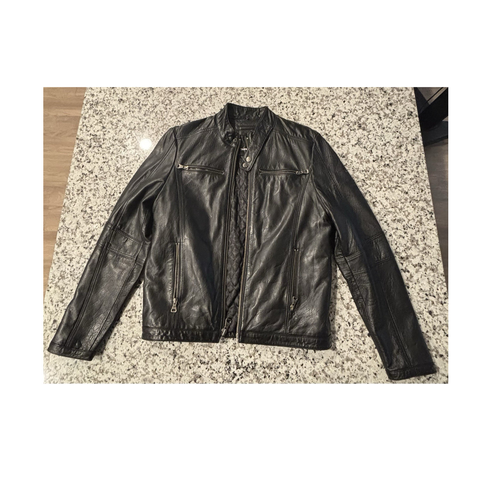 TANNERS AVENUE Men's Black Leather Biker Jacket Full Zip Band Collar S