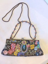 La Regale Vintage Beaded Sequin Floral Evening Purse Brown Silk Shoulder Bag