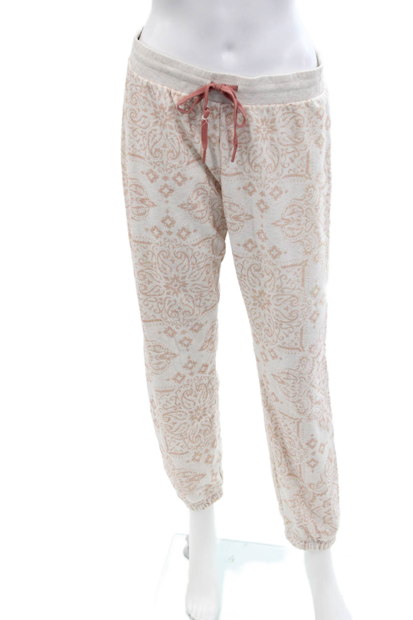 PJ Salvage Womens Crew Neck Abstract Sweater Jogger Pants Set White Beige Medium