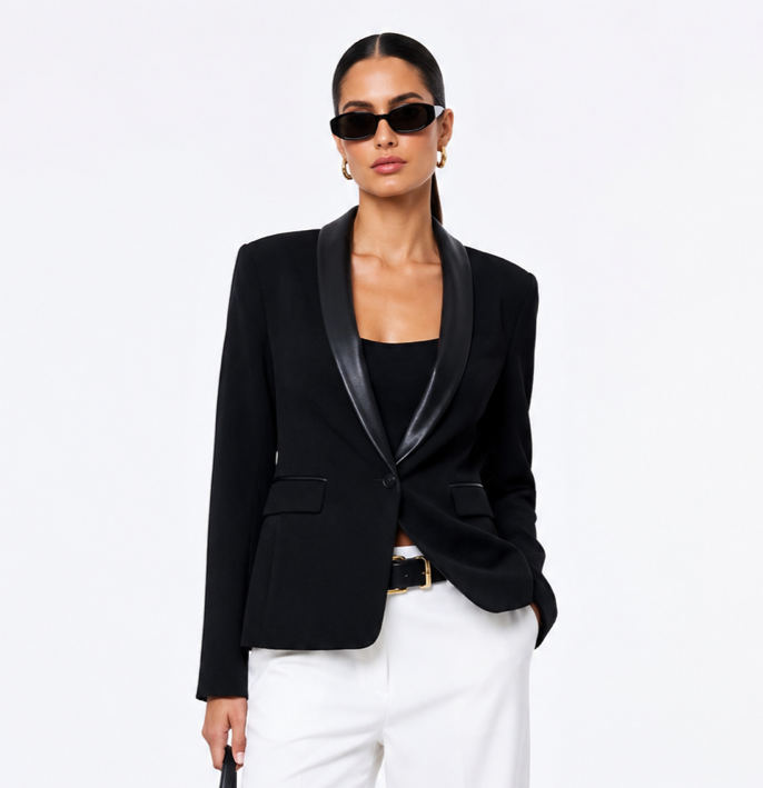 Rag & Bone Black Heritage Moon Wool Lamb Leather Trim Tuxedo Blazer Jacket 0 XS