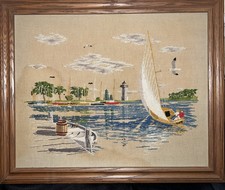 Vintage Needlepoint Sailboat Scene Framed