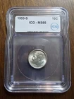 1953-S ROOSEVELT SILVER DIME - ICG MS 66 BU GEM