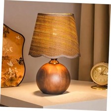 11.4" Modern Wooden Bedside Table Lamp, Small Scalloped Fabric Solid Wood Base