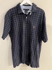 Tommy Hilfiger Polo Shirt XL Blue Checkered 100 Cotton Crest Logo Short Sleeve