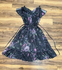 Vintage 1970s Ethereal Sheer Floral Dress Flutter Sleeve XS/S Summer Midi