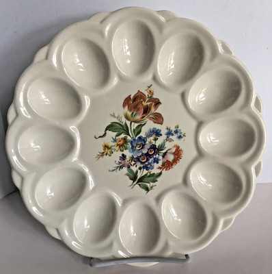 Vintage E & R American Artware Floral Deviled Egg Plate 9.25  Cream Multi Floral