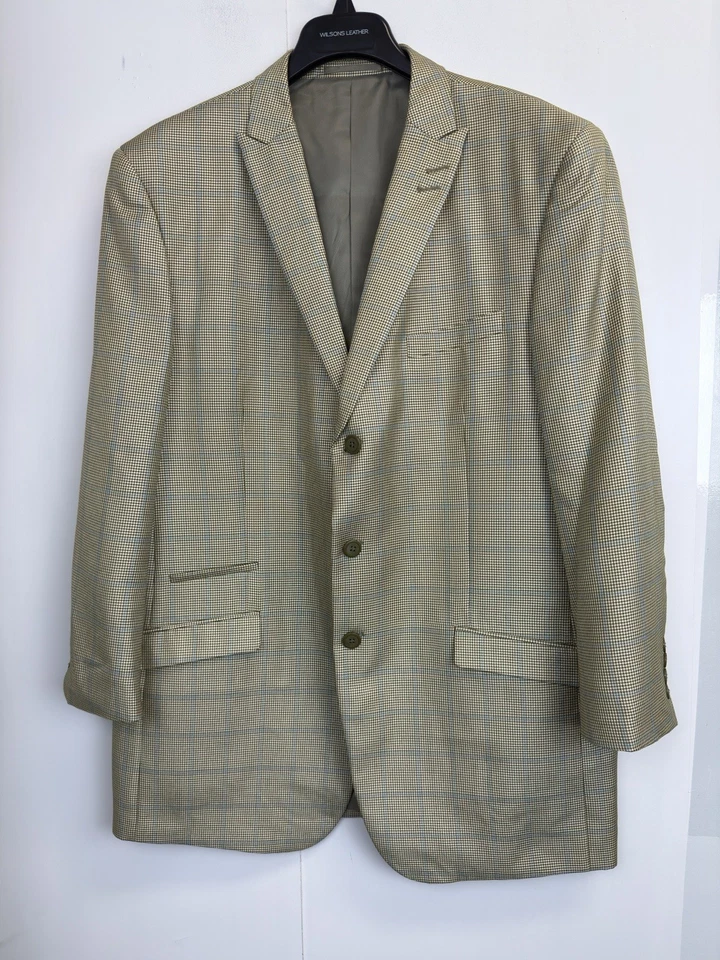 EJ Samuel 3 Pc Suit Blazer Vest 44R Pleated Pants 38X30 Cream Olive Houndstooth - Image 3 of 4