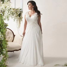 Elegant Plus Size Wedding Dress V-neck Cap Sleeves Appliqued Chiffon Bridal Gown