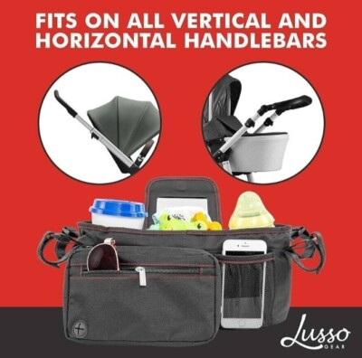 Lusso Gear Stroller Organizer Italian Inspired Desig Insulated Cup Holders - New