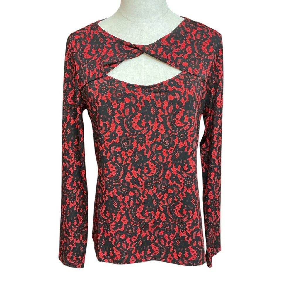 Top Michael Kors stampa pizzo manica lunga twist ritaglio davanti rosso cremisi taglia M NUOVO