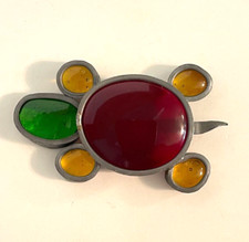 Vtg Metal  Cabochon Stained Glass Style Turtle Decoration Red, Green, Yellow