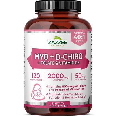 Zazzee Myo-Inositol + D-Chiro with Folate 5-MTHF + D3 120 Vegan Capsules Opti...